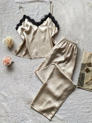 Lace Trim Pajama Set V Neck Cami Top & Pants Women's Sleepwear