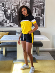 Casual Two piece Set Block T shirt & High Waist Drawstring Shorts Outfits