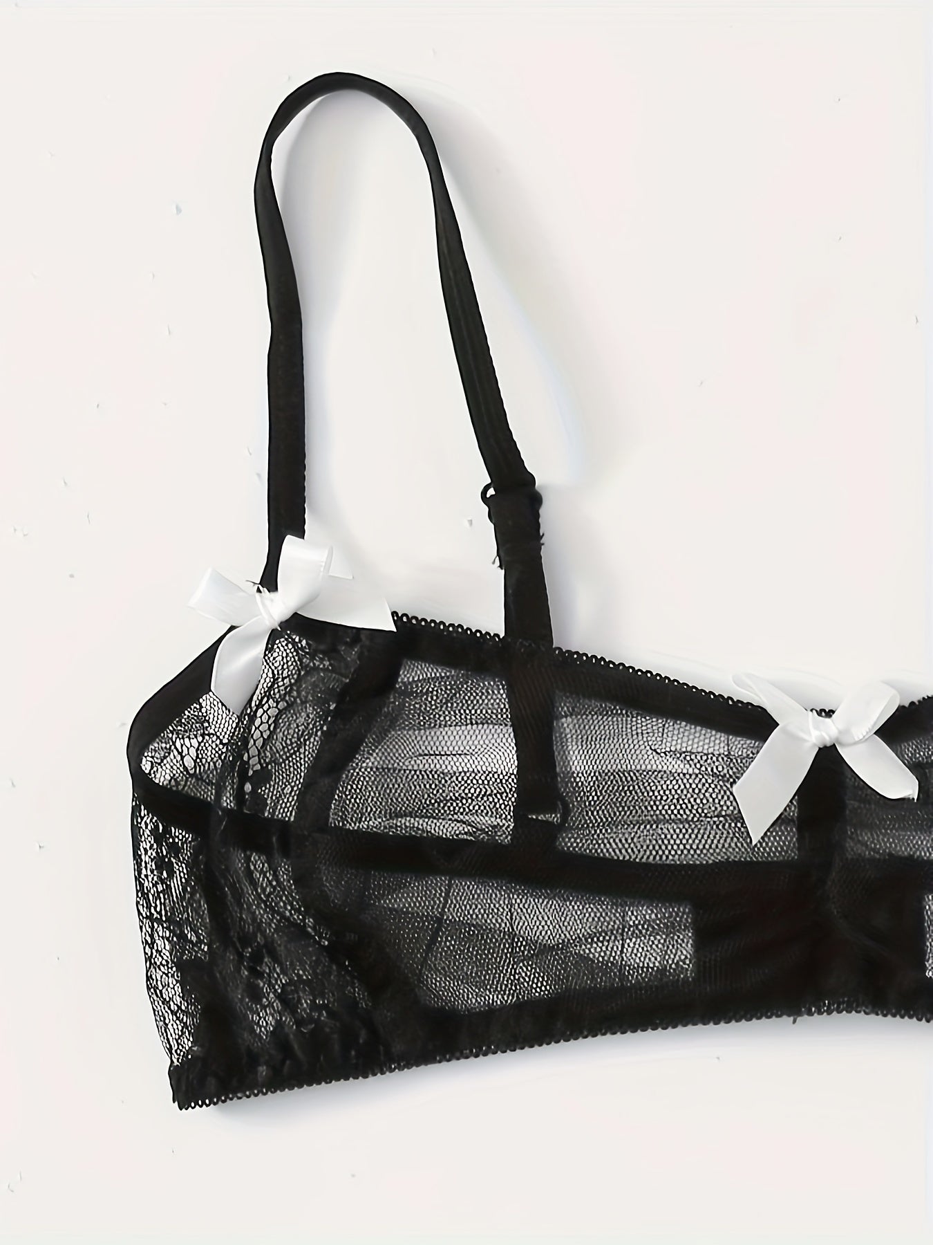 Sultry Lace Mesh Lingerie Set Sheer Unlined Bra & Bow Tie Panties