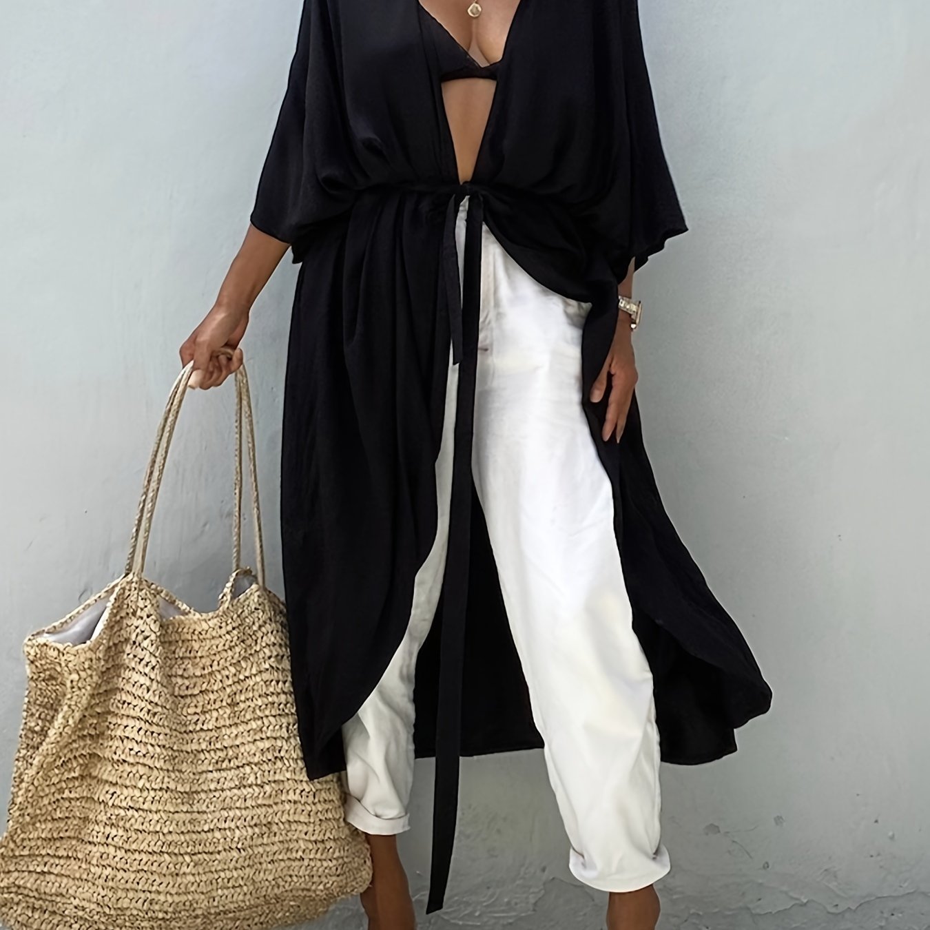 V Neck Long Sleeve Cover Up Shirt Loose Fit Casual Beachwear