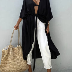 V Neck Long Sleeve Cover Up Shirt Loose Fit Casual Beachwear