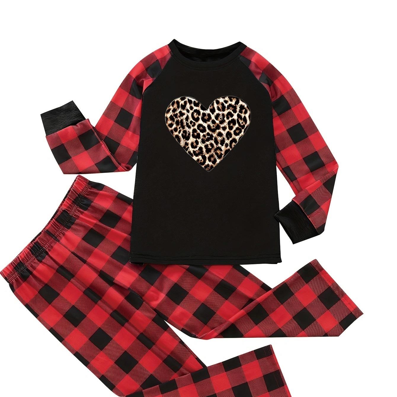 Leopard Heart & Plaid Print Tee & Pants Lounge Set