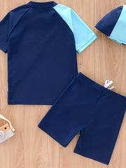 3pcs Boys Block Swimsuit Set with Swimming Cap