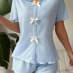 Bow Ribbed Lounge Set Top & Shorts Women's Loungewear