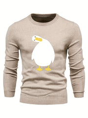 Cartoon Duck Print Men's Casual Warm Crew Neck Pullover Sweater