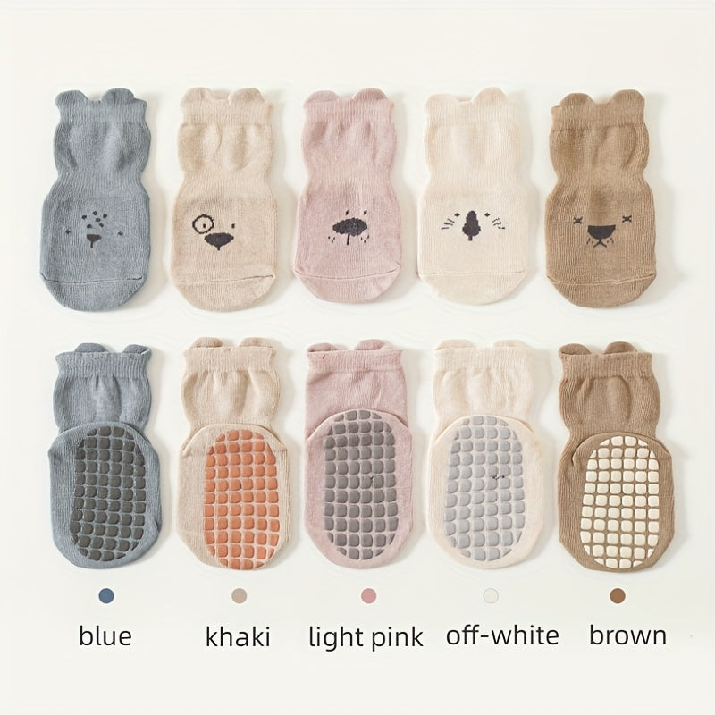 5 Pairs Kids Cotton Non-Slip Indoor Floor Socks - Animal Pattern Crew Socks