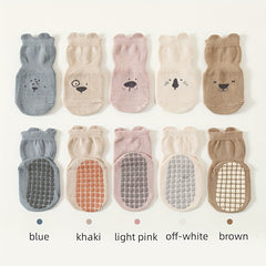 5 Pairs Kids Cotton Non-Slip Indoor Floor Socks - Animal Pattern Crew Socks