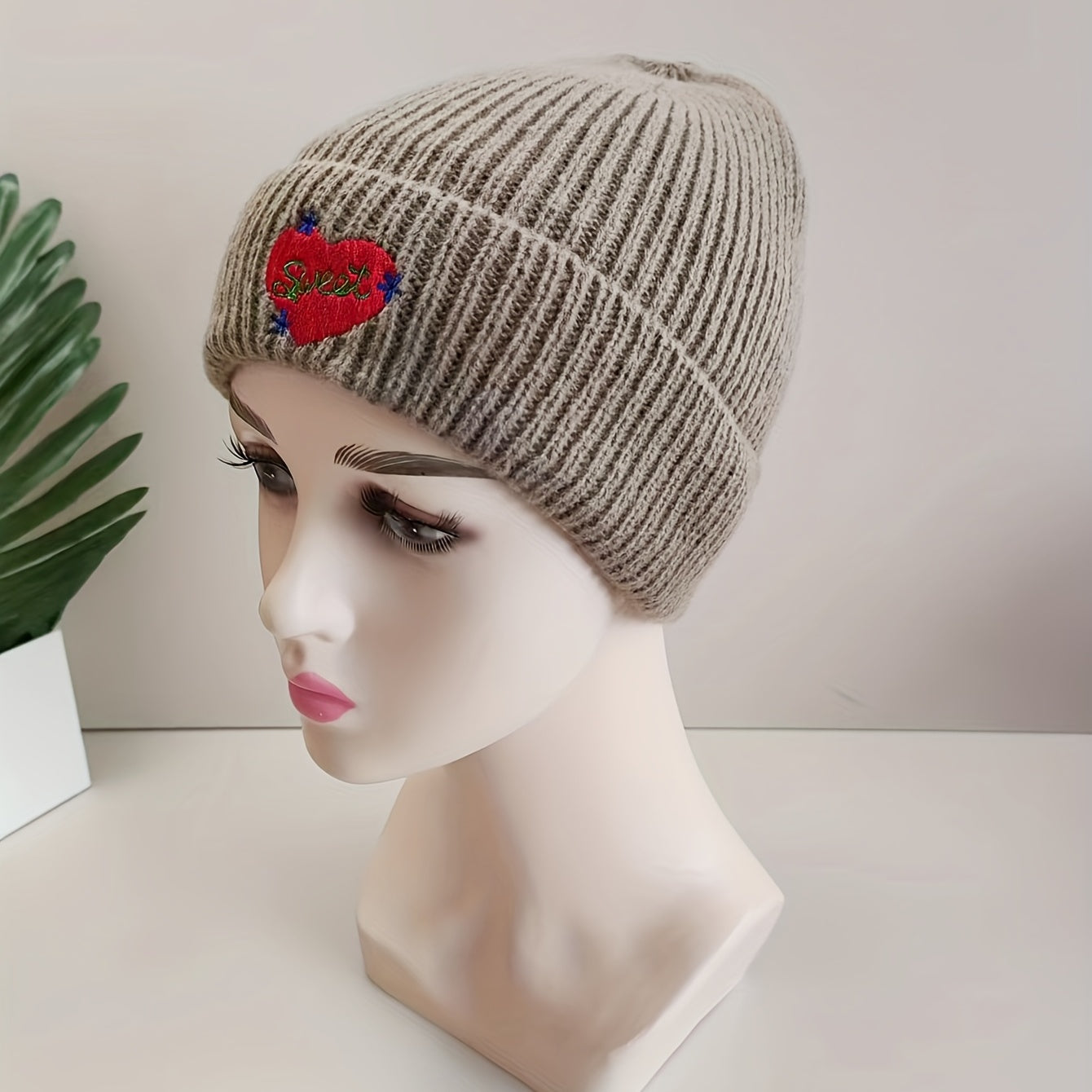 Heart Embroidery Khaki Beanie Casual Lightweight Warm Skull Cap Elastic Knitted