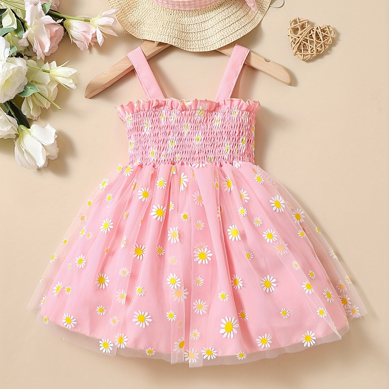 Baby Girls Daisy Graphic Print Thin Strap Mesh Dress Clothes For Summer
