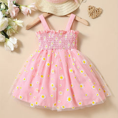 Baby Girls Daisy Graphic Print Thin Strap Mesh Dress Clothes For Summer