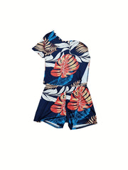 Tropical Print One Shoulder Split Top & Shorts Set