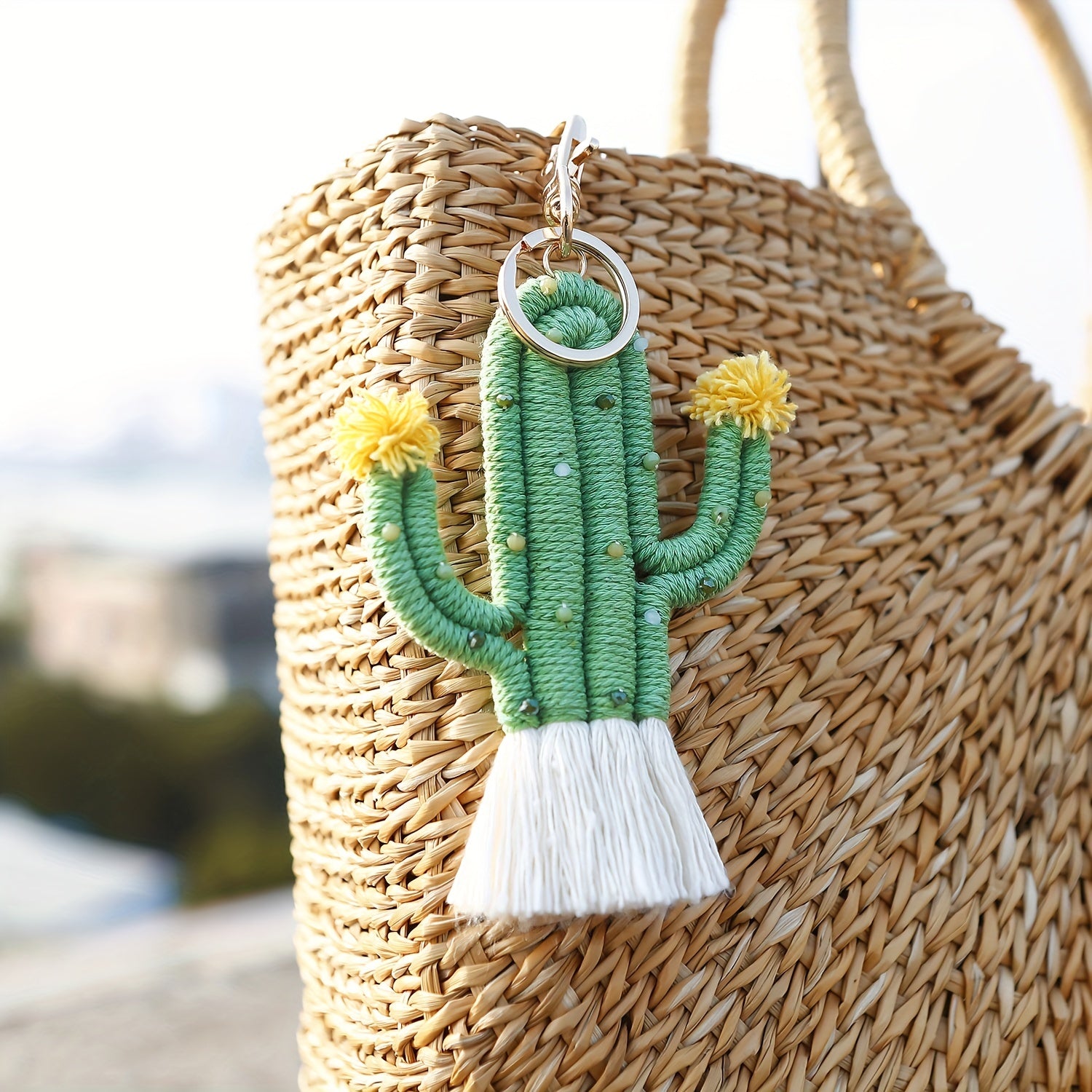 Men's Green Cactus Keychain Boho Handwoven Bag Pendant