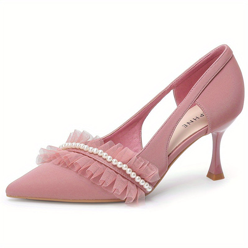Pearl Stiletto Heels Point Toe Pumps Cutout Heels