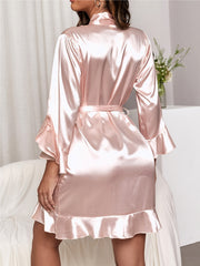 Satin Night Robe Long Sleeve V Neck with Belt