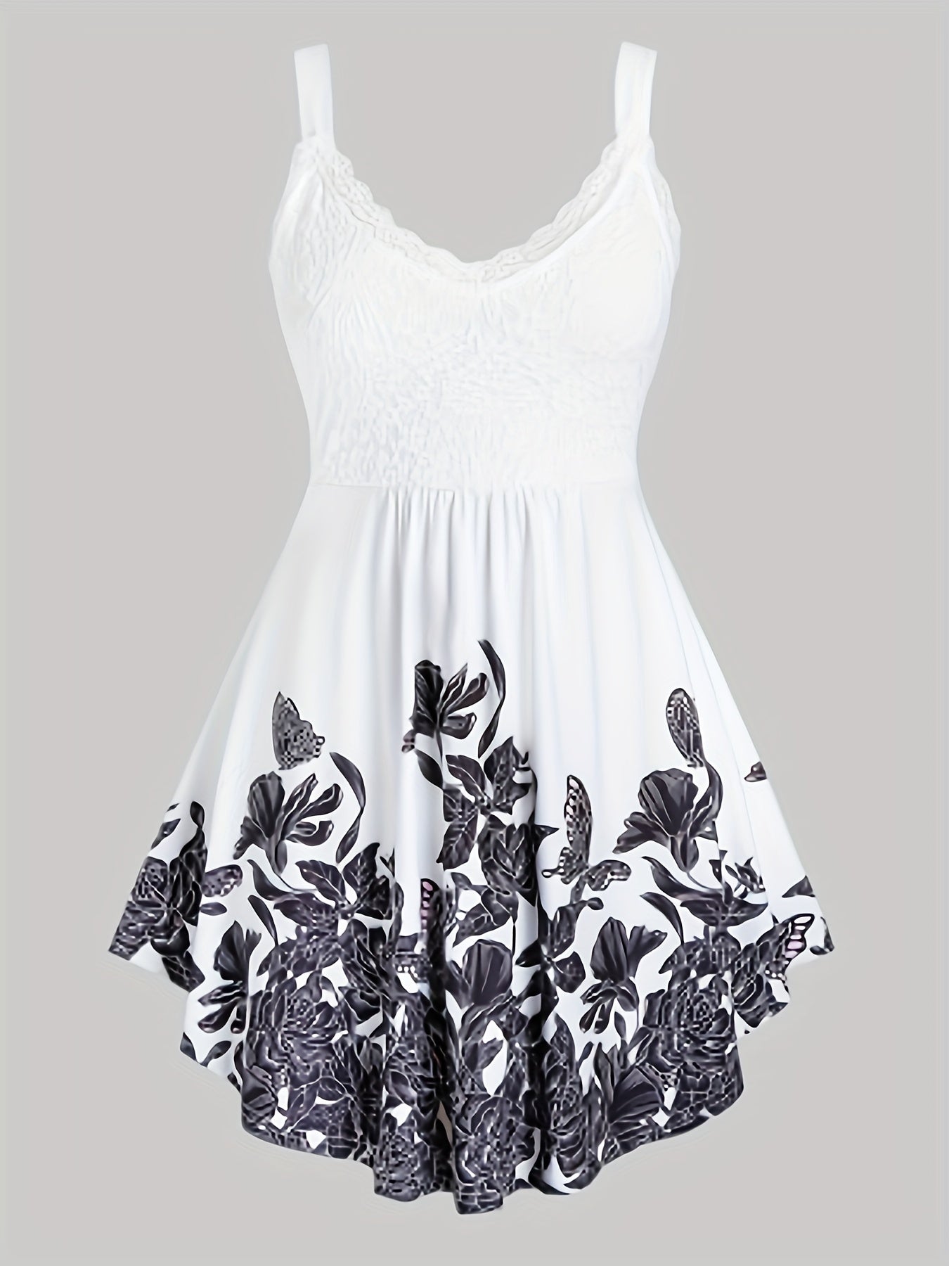 Floral Print Spaghetti Dress Sleeveless Ruched Lace Trim Casual Dress