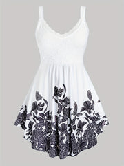 Floral Print Spaghetti Dress Sleeveless Ruched Lace Trim Casual Dress