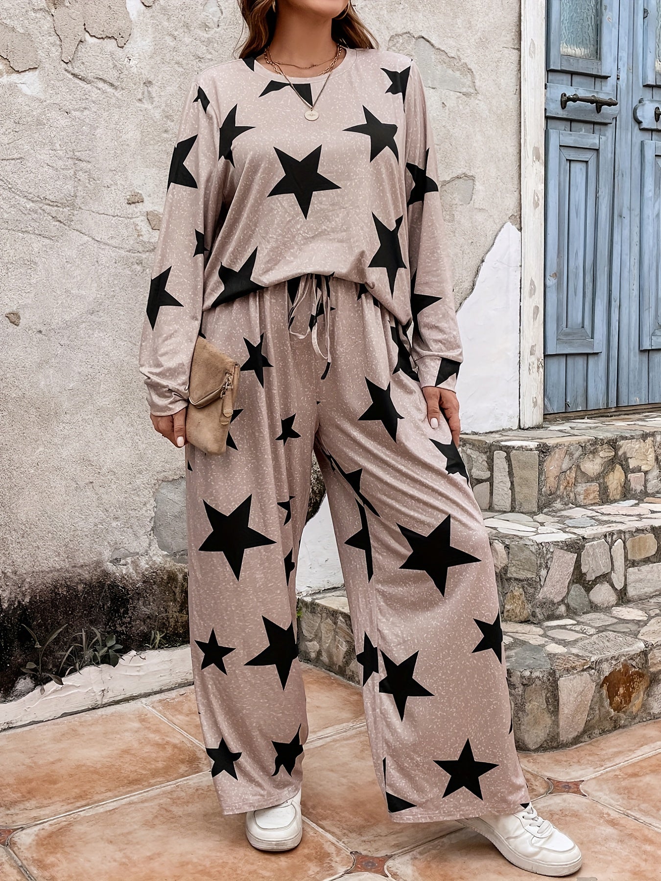 Star Print Top & Wide Leg Pants Set