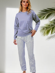 Plaid Print Long Pajamas Set Crew Neck Top & Comfortable Pant
