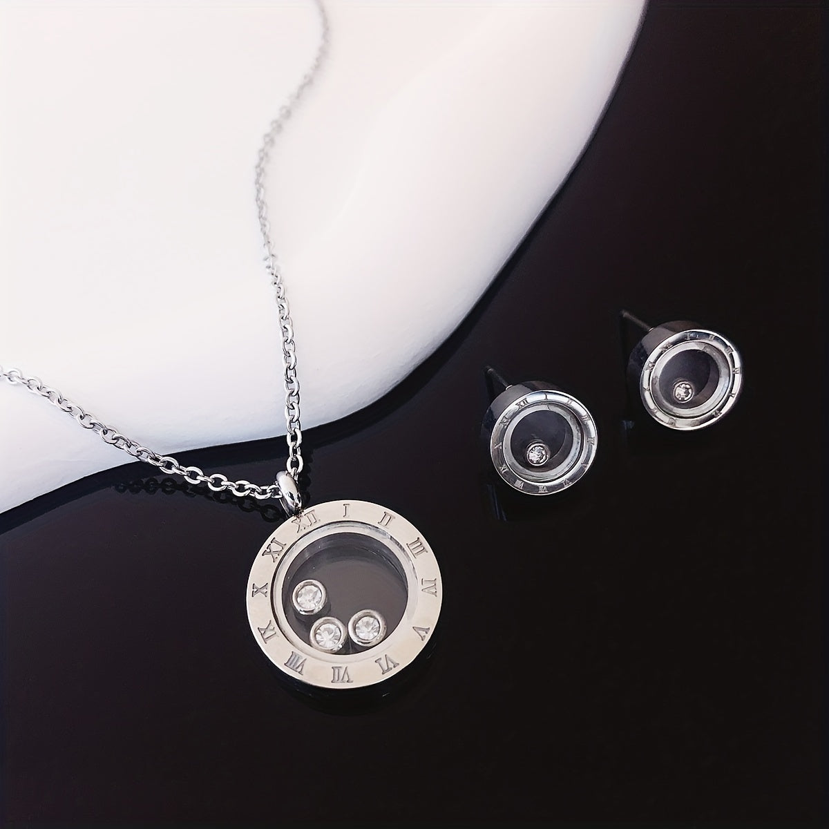 3pcs Round Shape Rhinestone Stainless Steel Jewelry Set