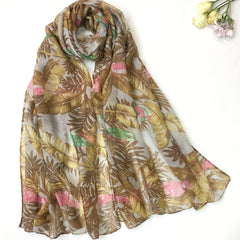 Birds & Leaves Print Voile Scarf Boho Thin Casual Shawl Vintage Women Wrap Acces