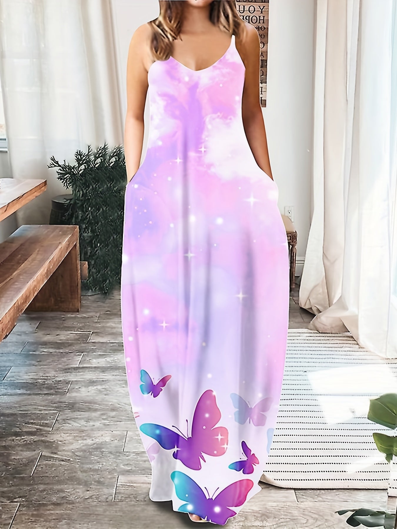 Women's Butterfly Tie Dye Sleeveless Maxi Summer Dress