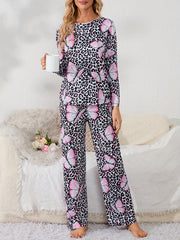 Butterfly Print Leopard Pajama Set Long Sleeve Top & Pants