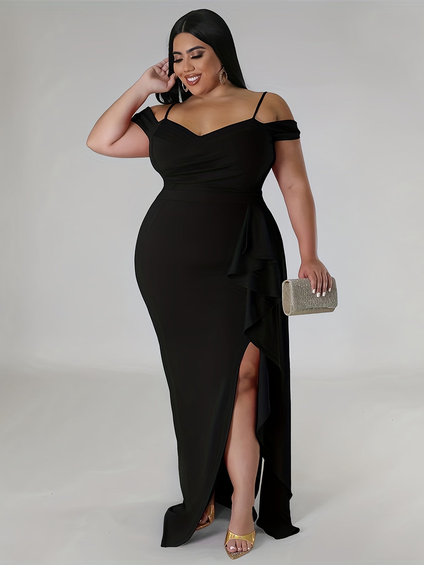 Sexy Dress Women's Plus Solid Cold Shoulder V Neck Split Dress
