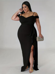 Sexy Dress Women's Plus Solid Cold Shoulder V Neck Split Dress
