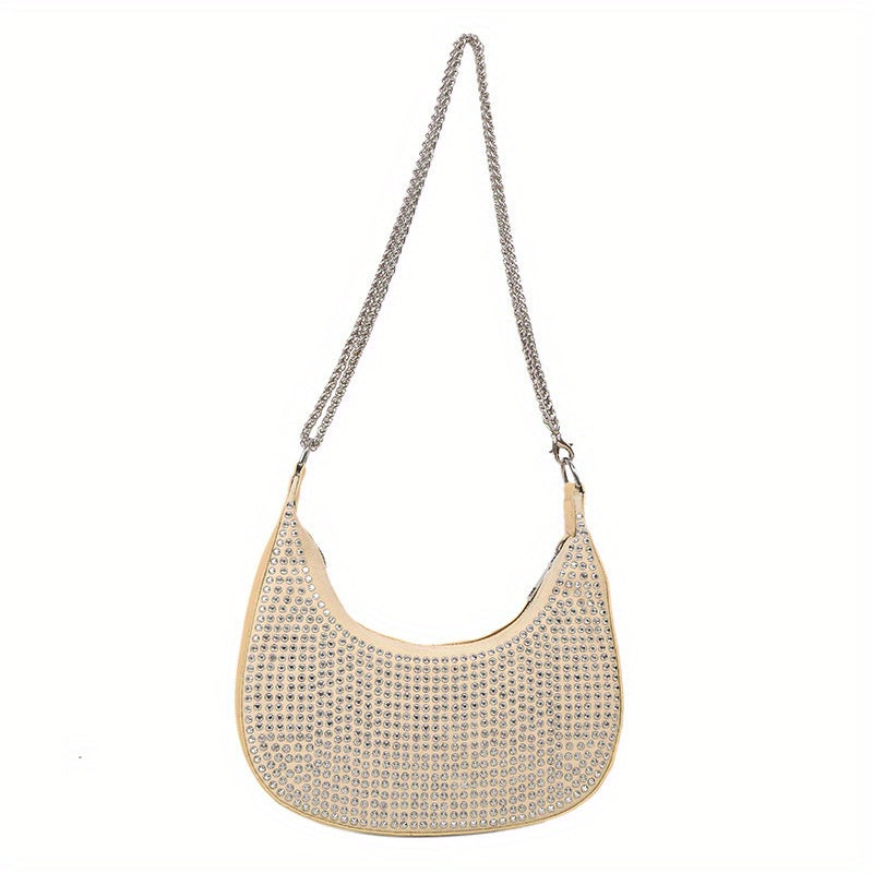 Rhinestone Crossbody Bag Chain Hobo Bag Women's Crescent Shoulder Purse