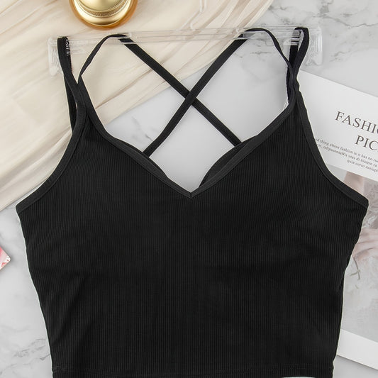 Solid Cami Top Criss Cross Back Padded Top Women's Lingerie