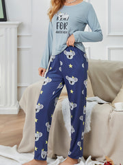Koala Print Lounge Set Long Sleeve Top & Pants Women's Loungewear