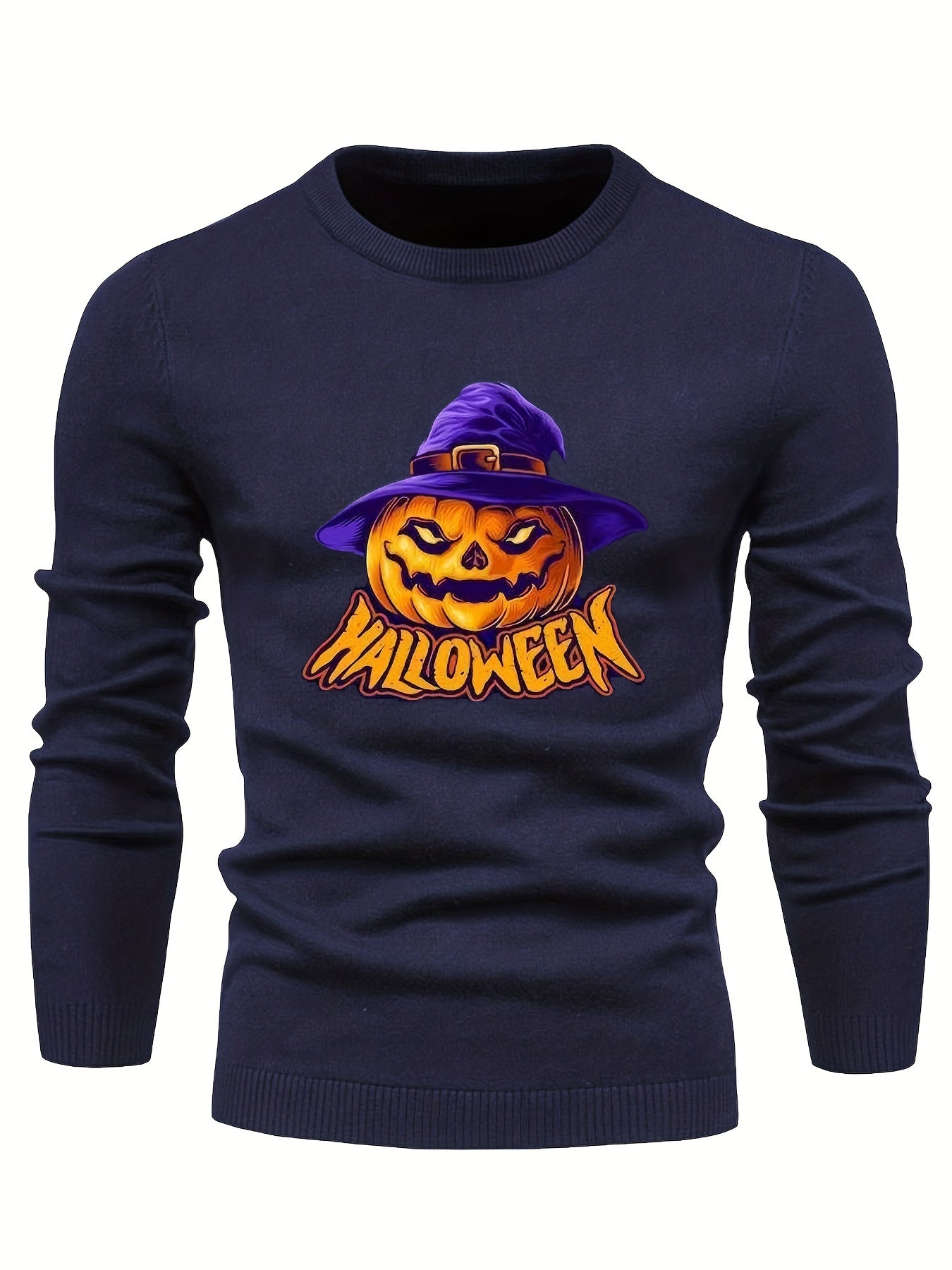 Cartoon Pumpkin Jack O Lantern With Wizard Hat Slim Fit Sweater