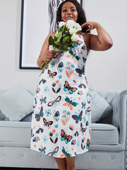 Butterfly & Floral Print Deep V Neck Cami Sleep Dress