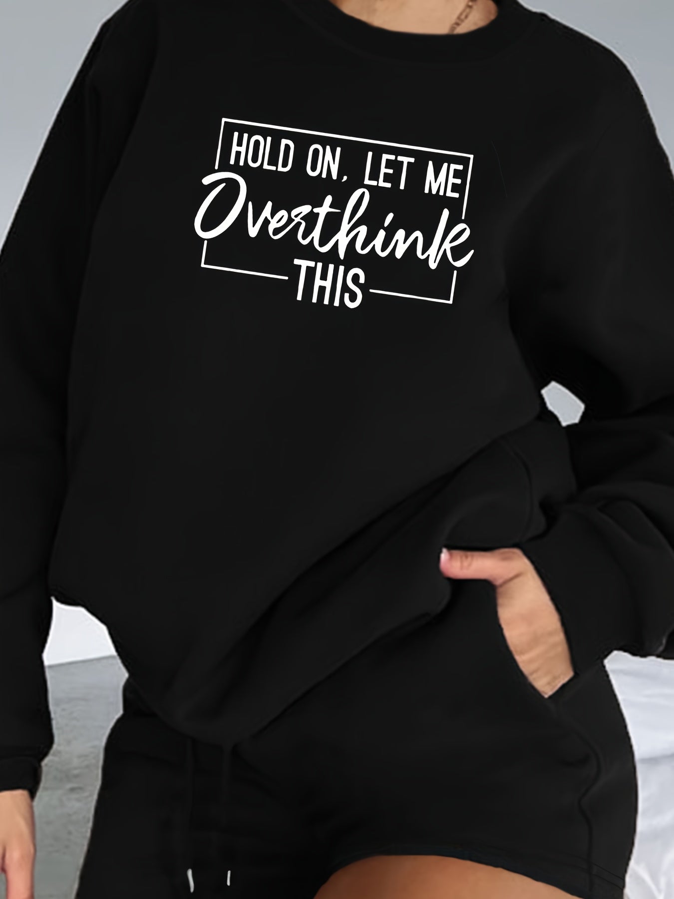 Slogan Print Fleece Sweatshirt & Shorts Set