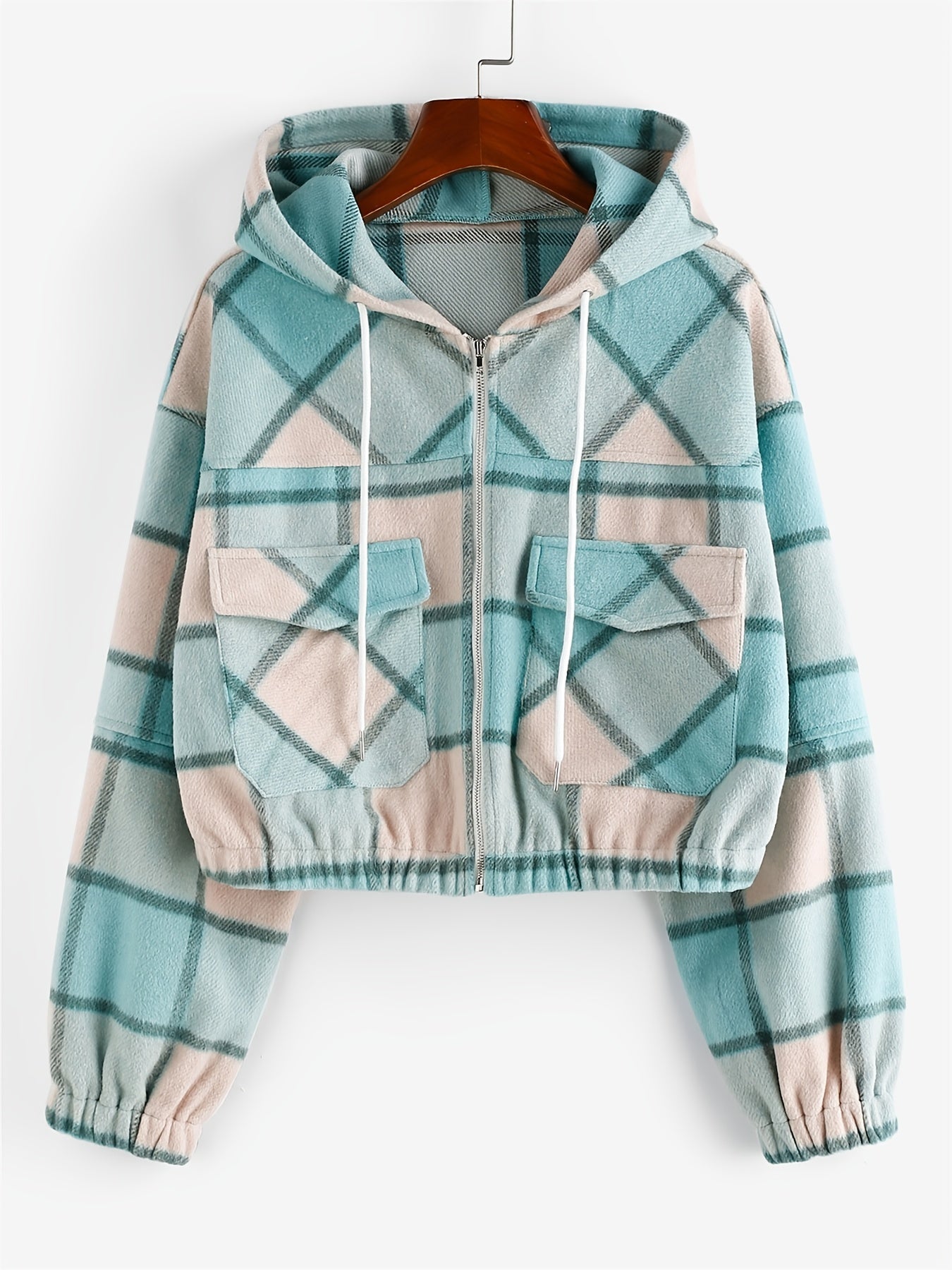 Plaid Pocket Zipped Jacket Casual Outerwear For Fall & Winter