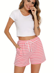Stripe Print Drawstring Shorts Casual Elastic Waist Women's Clothing