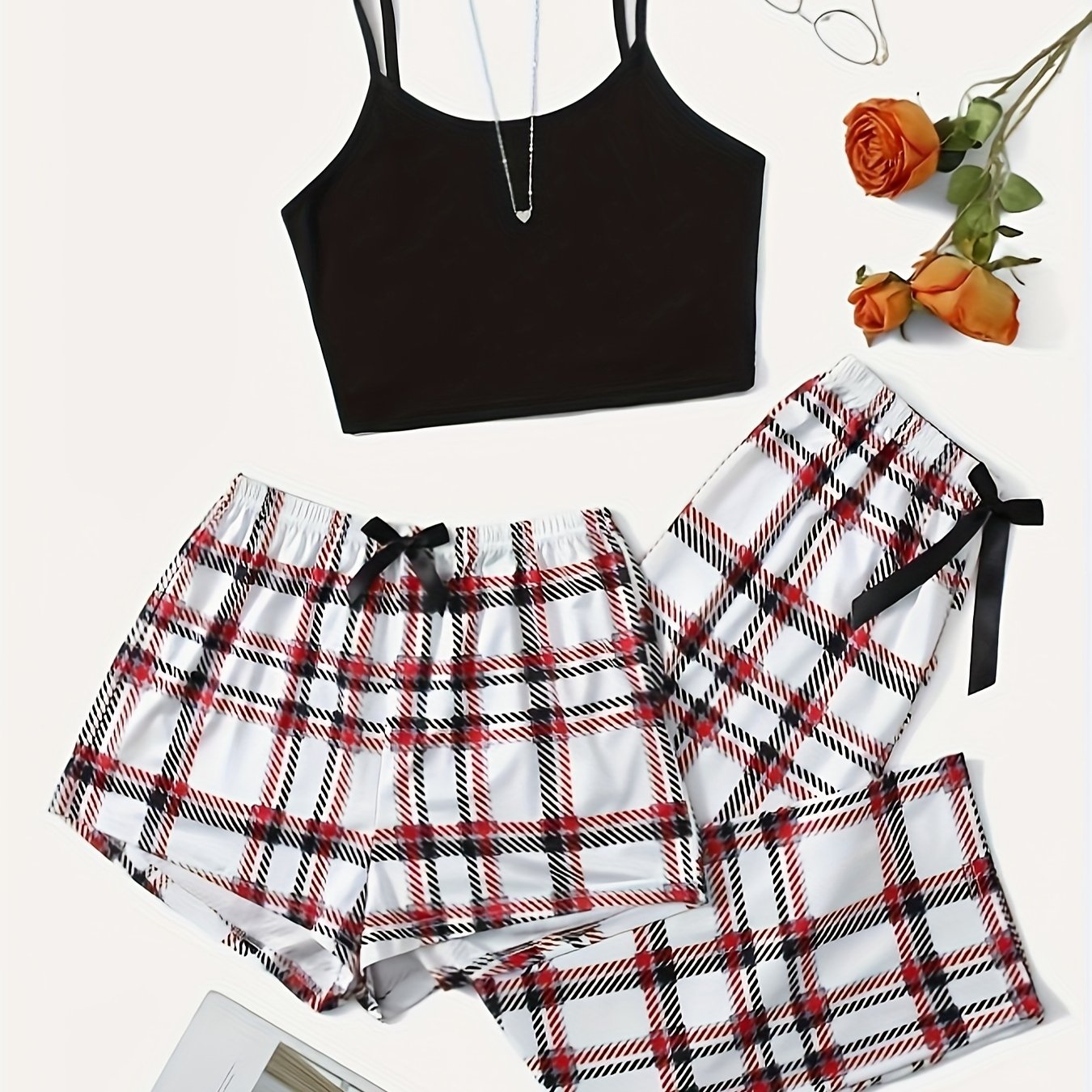 Plaid Print Lounge Set Cami Top & Shorts & Pants