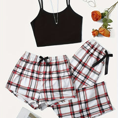 Plaid Print Lounge Set Cami Top & Shorts & Pants