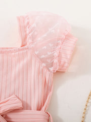 Girls Mesh Heart Puff Sleeve Romper Square Neck Jumpsuit