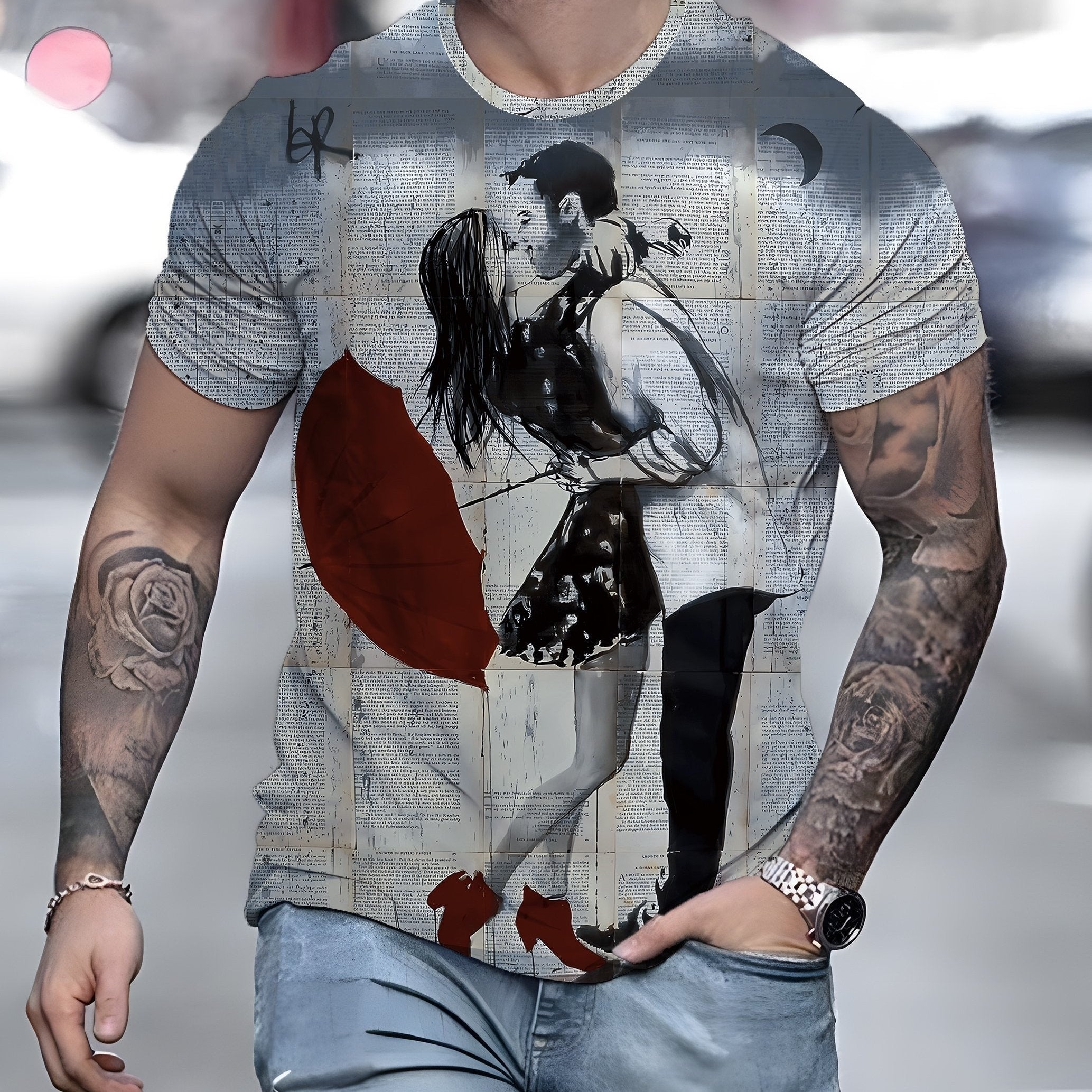 Men's Casual Couple Pattern T shirt Stretch Tee Street Style