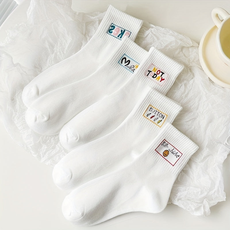 5 Pairs Letter Print Sports Socks Breathable Mid Tube Women's Stockings