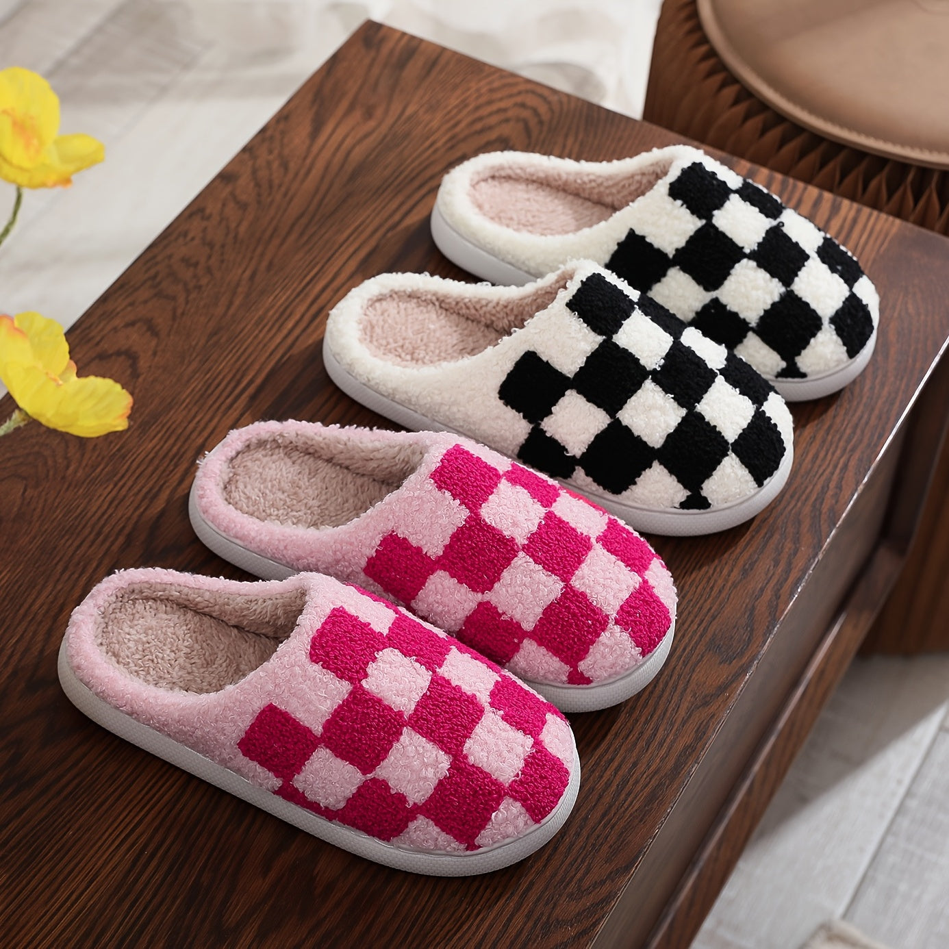 Plaid Memory Foam Slippers Plush Lined Comfortable Indoor Home Shoes
