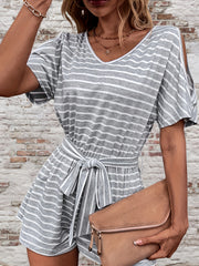 Striped Split Short Sleeve Romper Casual V Neck Wide Leg Romper