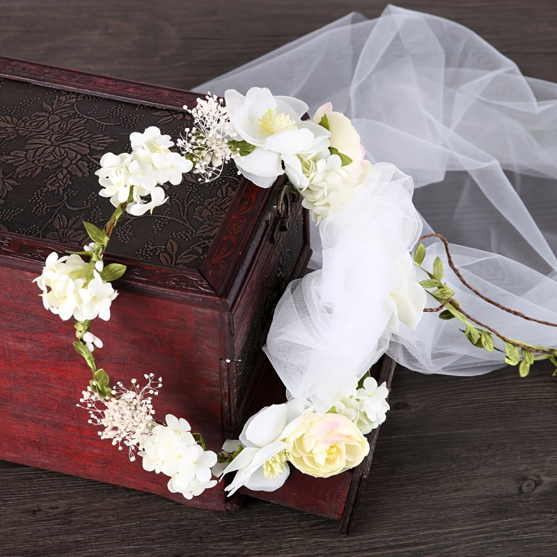Flower Leaf Bridal Headband Tiara Veil For Women Bride Wedding