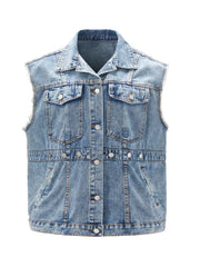 Denim Vest Fringe Trim Button Front Slim Fit Casual Jean Vest