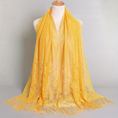 Solid Embroidery Scarf Lace Church Veil Wedding Bridal Shawl Hollow Tassel