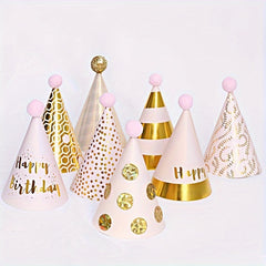 Birthday Cone Hat With Pom Poms Striped Dot Party Decor