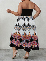 Boho Dress Women's Plus Colorblock Tribal Print Shirred Tube A Line