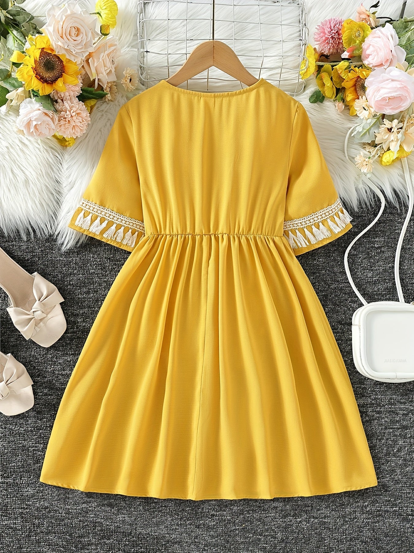 Girls Tassel V-neck Short Sleeve Dress For Party Going Out Beach Holiday
