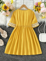 Girls Tassel V-neck Short Sleeve Dress For Party Going Out Beach Holiday